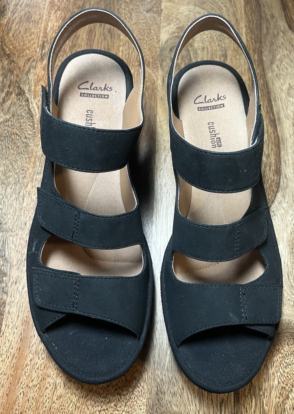 CLARKS Reedly Juno Wedge Sandals Suede Black Strappy Cushioned Women’s Size 8.5
